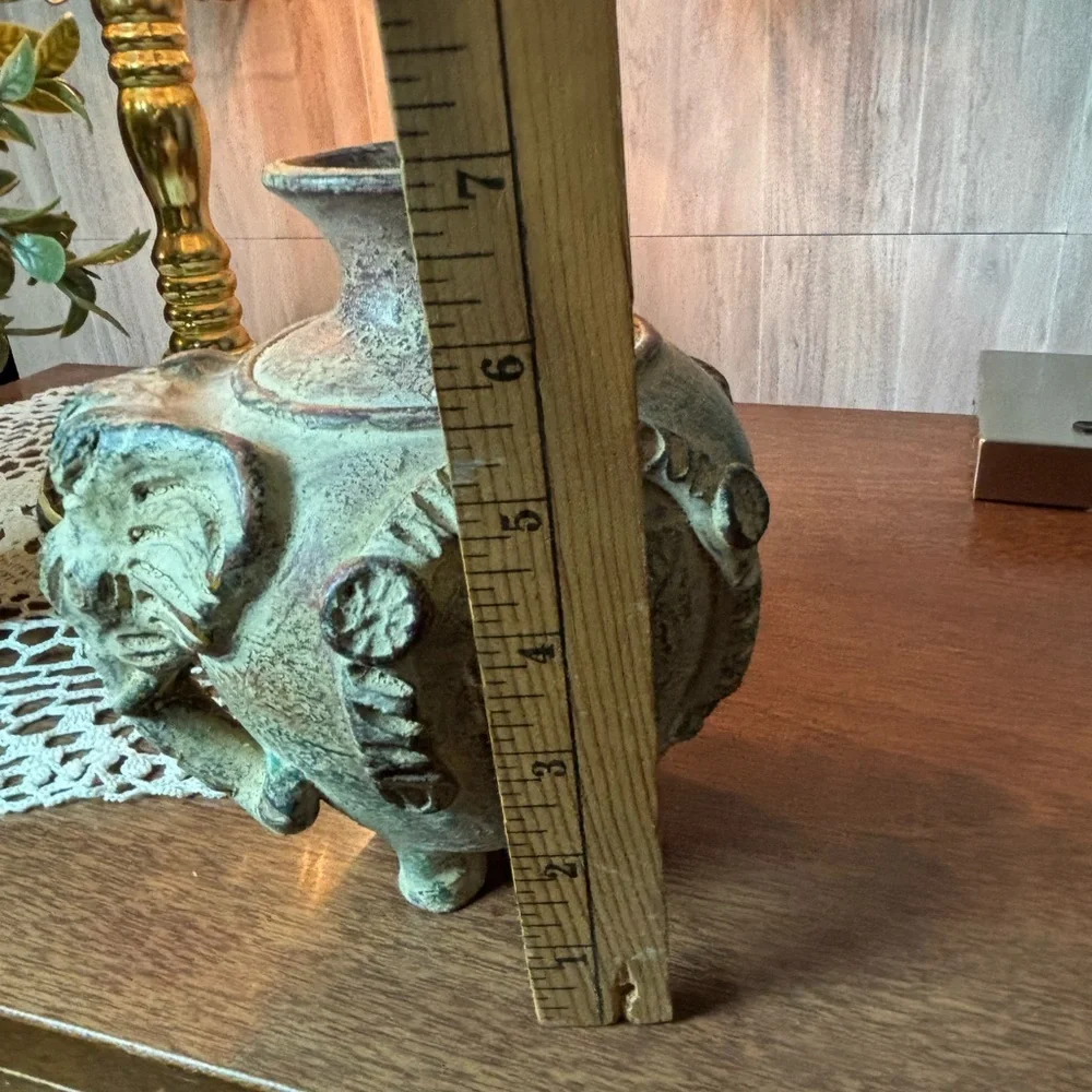 Vintage Thai Earthenware Elephant Vase in Distressed Green and Brown Terracotta